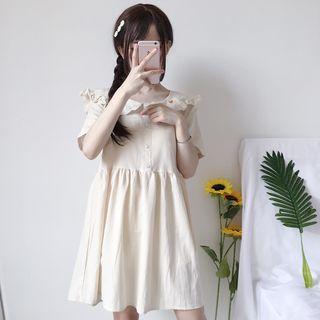 Short-sleeve Embroidered A-line Dress Almond - One Size