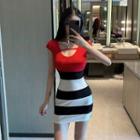 Cap-sleeve Color Block Mini Bodycon Dress Red - One Size