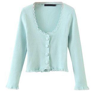 Long-sleeve Buttoned Lace Trim Knit Top