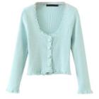 Long-sleeve Buttoned Lace Trim Knit Top