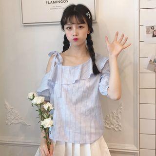 Off Shoulder Elbow-sleeve Plaid Top Light Blue - One Size