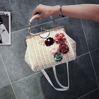Flower Embellished Kiss Lock Straw Crossbody Bag