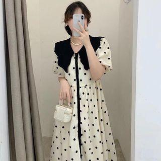 Short-sleeve Collared Polka Dot A-line Midi Dress
