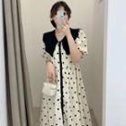 Short-sleeve Collared Polka Dot A-line Midi Dress