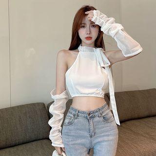 Set: Bow-neck Crop Tank Top + Arm Sleeves