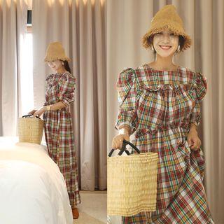 Puff-sleeve Plaid Maxi Dress