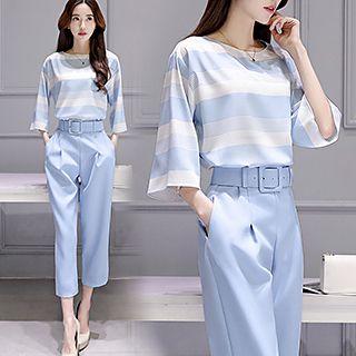 Set: 3/4-sleeve Striped T-shirt + Cropped Wide Leg Pants