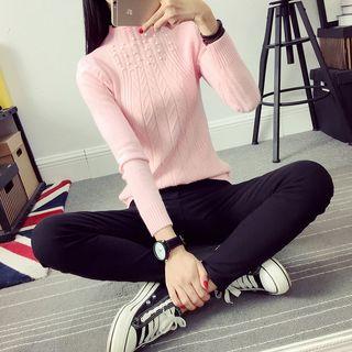 Faux Pearl Mock Neck Knit Top
