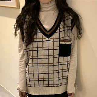 Turtleneck Long-sleeve T-shirt / Plaid Knit Vest