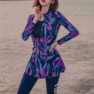 Set: Long-sleeve Printed Rashguard + Bikini Top + Swim Skirt + Pants
