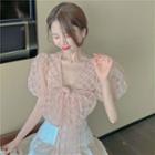 Puff-sleeve Mesh Bow Crop Top Pink - One Size