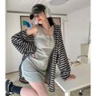 Striped Loose-fit Cardigan / Plain Mini Tank Dress