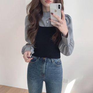 Set: Puff-sleeve Plaid Blouse + Knit Camisole Top