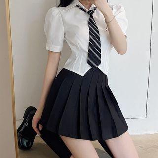 Puff-sleeve Plain Shirt / Striped Tie / Mini Pleated Skirt / Set