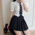 Puff-sleeve Plain Shirt / Striped Tie / Mini Pleated Skirt / Set