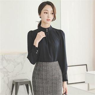 Faux-pearl Buttoned Shirred Top