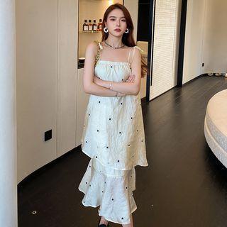 Spaghetti Strap Embroidered Tiered Midi Dress
