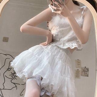 Fluffy Trim Cropped Camisole Top / Tiered Mini A-line Skirt