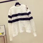 Striped Crochet Knit Sweater White - One Size