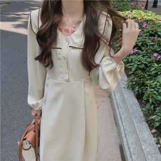 Long-sleeve Doll Collar Button-up Midi A-line Dress