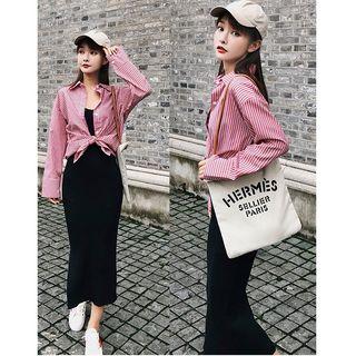 Set: Striped Shirt + Spaghetti-strap Midi Knit Dress