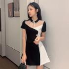 Set: Short-sleeve Two-tone A-line Dress + Shorts
