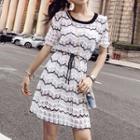 Short Sleeve Drawstring-waist Cable Knit A-line Dress As Shown In Figure - One Size