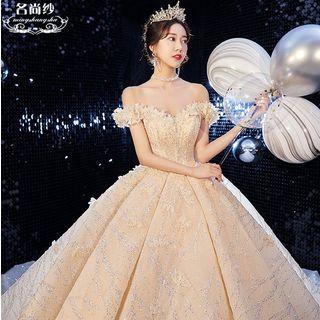 Off-shoulder Floral Applique Rhinestone A-line Wedding Gown