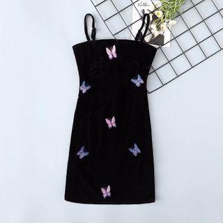 Spaghetti Strap Butterfly Embroidery Dress