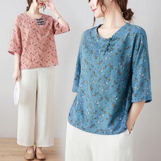 3/4-sleeve Floral Frog Button T-shirt / Wide Leg Pants