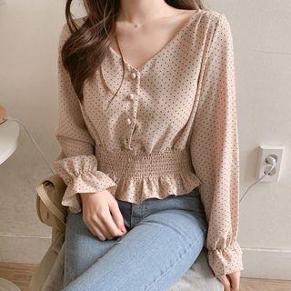 Flared-cuff Dotted Peplum Blouse