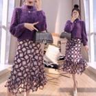 Set: Puff-sleeve Lace Blouse + Patterned Midi Skirt