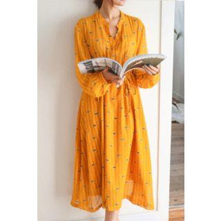 Half-placket Pattern Drawstring-waist Dress