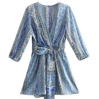 Puff-sleeve Floral Print Knotted A-line Dress