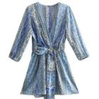 Puff-sleeve Floral Print Knotted A-line Dress