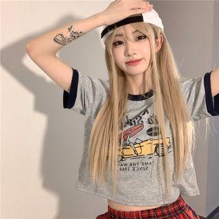 Short-sleeve Printed Contrast Trim Crop T-shirt Gray - One Size