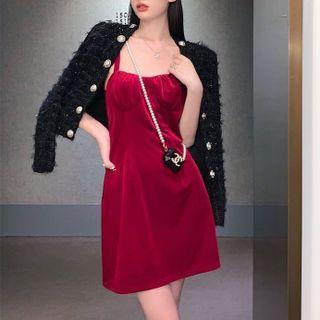 Spaghetti Strap Velvet Mini A-line Dress / Jacket