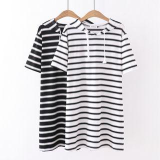 Elbow-sleeve Striped Hoodie Dress