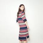 Elbow-sleeve Striped Midi Polo Dress