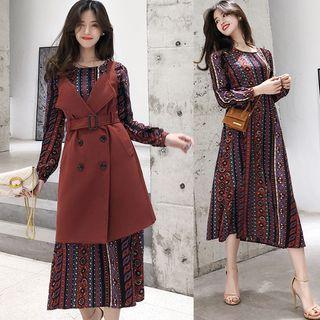 Patterned Long-sleeve Mid Dress / Long Vest / Set