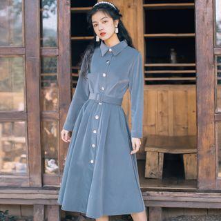 Long-sleeve Collared Button-up Corduroy Midi A-line Dress