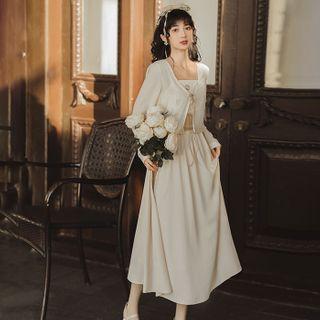 Set: Spaghetti Strap Midi A-line Dress + Cropped Light Jacket