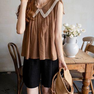 Lace-collar Sleeveless Linen Blend Blouse Brown - One Size