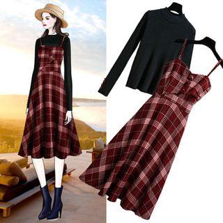 Set: Knit Top + Plaid A-line Midi Dress