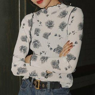 Long-sleeve Floral Print T-shirt Black Flowers - White - One Size