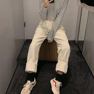 High-waist Plain Straight Cut Corduroy Pants