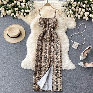 Spaghetti Strap Snake Print Slit Midi Sheath Dress