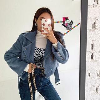 Cropped Fluffy Rider Jacket With Belt