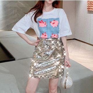 Set: Printed Short-sleeve T-shirt + Glitter A-line Skirt Set - White - One Size