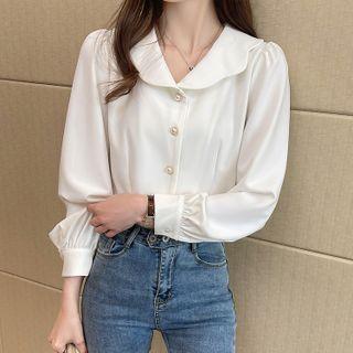 Lantern-sleeve Peter-pan Collar Pearl Button Plain Shirt